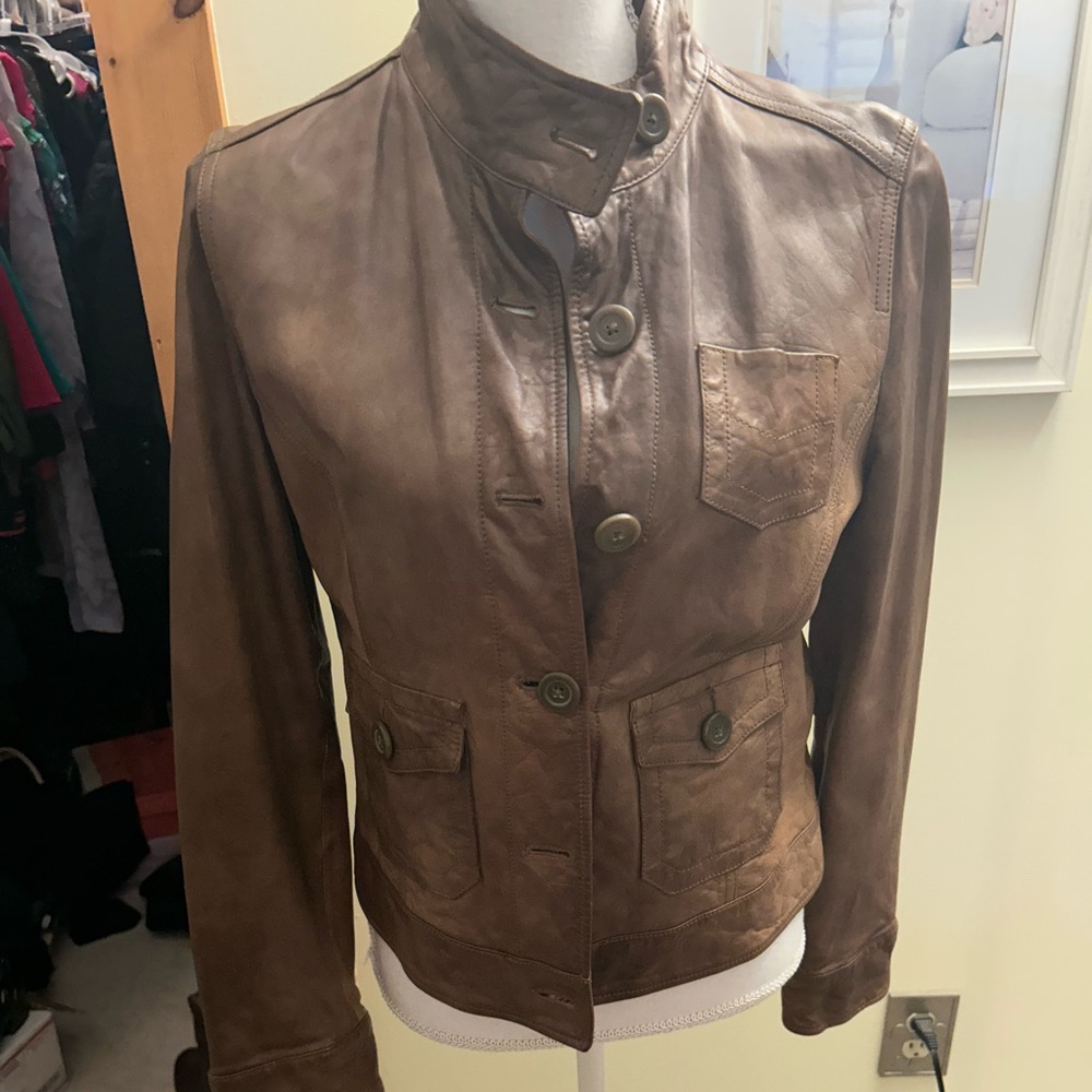 GAP Dark Brown Leather Button-Front Jacket like N… - image 1